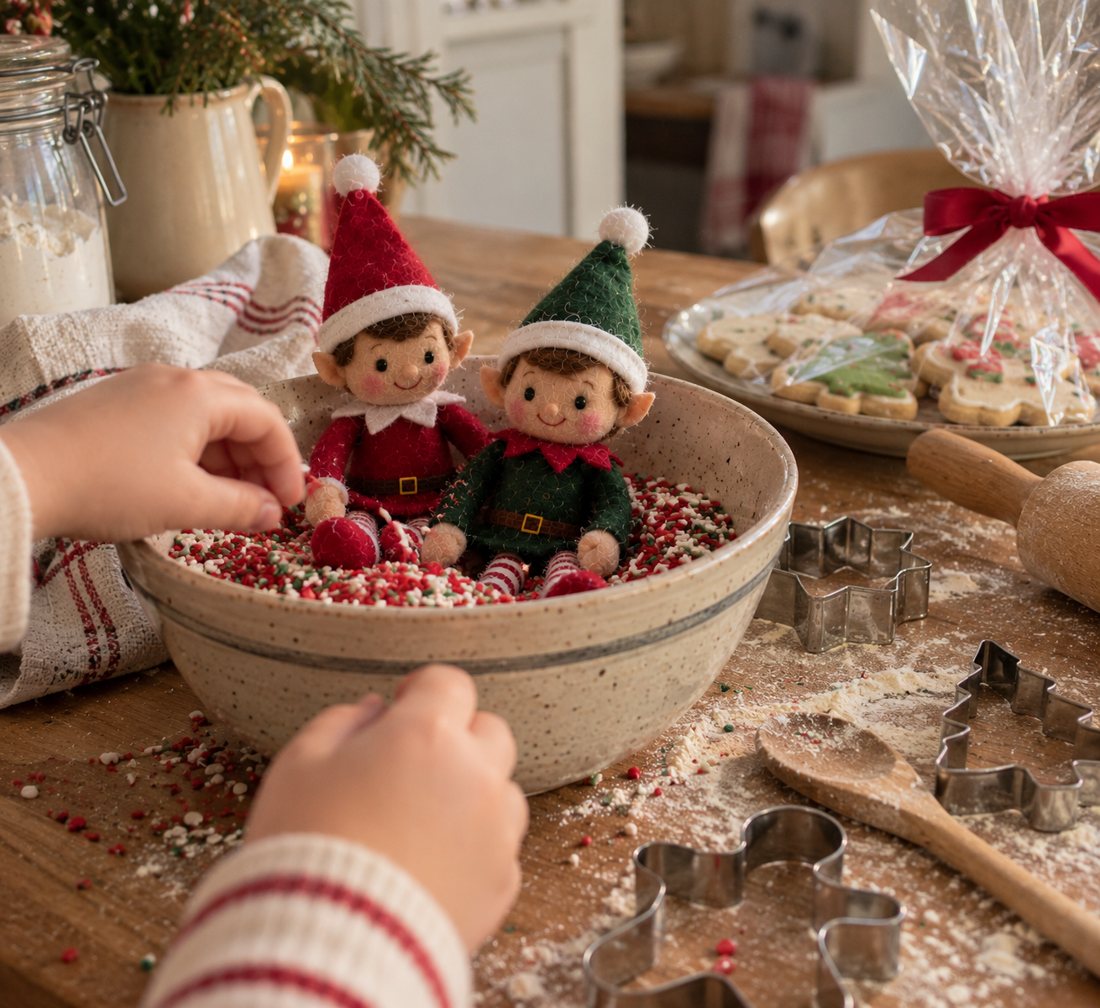 Two elves sitting in a bowl of Christmas sprinkles while a child bakes cookies for a neighbor